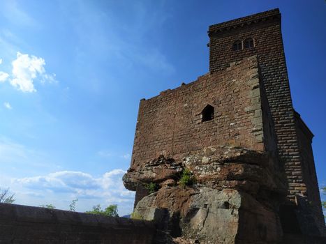 Low angle view on beautiful Trifels castle in front of blue sky