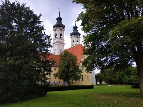 The towers of Zwiefalten cathedral in the park
