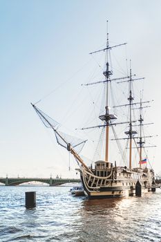 Sailing ship moored on the Neva river. Saint-Petersburg, Russia.