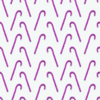 Seamless pattern of Christmas candy cone on white background. Colorful holiday sweet lollipop. Dessert with violet and white stripes.