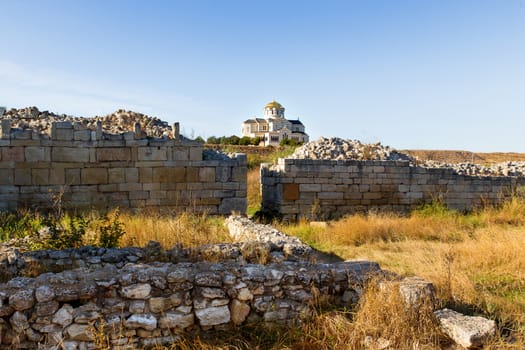 Ruins of Chersonesus - ancient Greek town near modern Sevastopol. St. Vladimir's Cathedral. UNESCO World Heritage Site. Crimea, Russia.