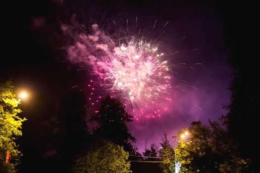 Fireworks in Odintsovo town (Moscow region). Victory day, May 9, 2016. Russia.