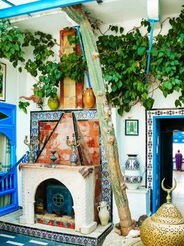 Traditional white and blue interior of house in Sidi Bou Said, Tunisia.