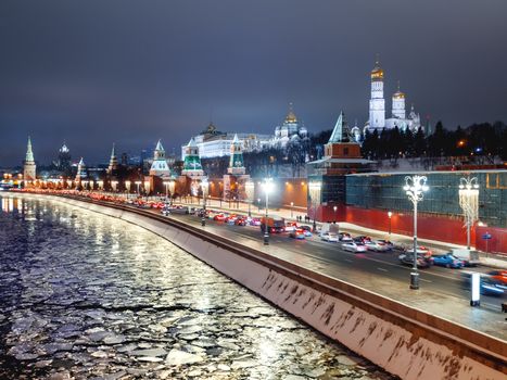 Panorama view of Moscow-river, Kremlin, Ivan the Great Bell tower, Grand Kremlin Palace, Cathedral of the Annunciation. Moscow, Russia.