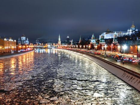 Panorama view of Moscow-river, Kremlin, Ivan the Great Bell tower, Grand Kremlin Palace, Cathedral of the Annunciation. Moscow, Russia.