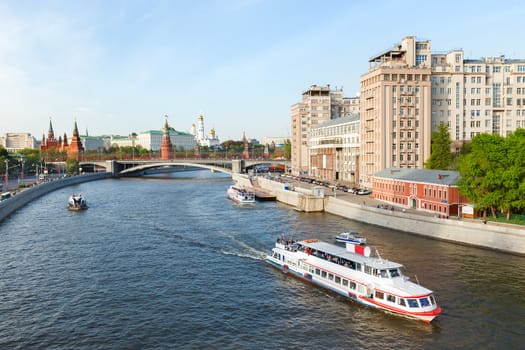 Panorama view of Moscow - Moscow-river, Kremlin, Variety theatre, Grand Kremlin Palace, Cathedral of the Archangel.