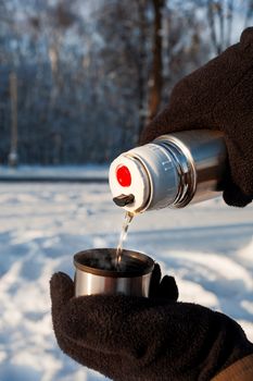 A man pours hot tea from a thermos. Winter forest in sunny day.