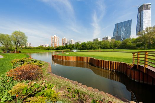 Golf club in Moscow. Small golf fields with ornamental garden. Russia.