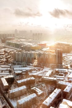 Panorama view of Moscow, Russia. Aerial view on Horoshevo district. Early winter morning, sunrise.