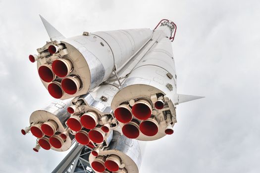 Copy of space launch vehicle "Vostok". Rocket model at VDNH ("The Exhibition of achievements of national economy") in Moscow, Russia.