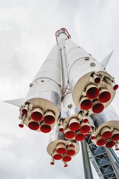 Copy of space launch vehicle "Vostok". Rocket model at VDNH ("The Exhibition of achievements of national economy") in Moscow, Russia.