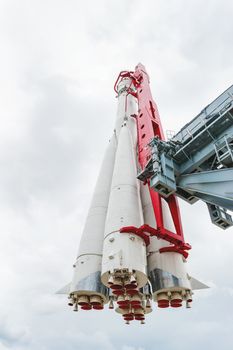 Copy of space launch vehicle "Vostok". Rocket model at VDNH ("The Exhibition of achievements of national economy") in Moscow, Russia.