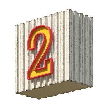 Vintage concrete red yellow Number 2 3D render illustration isolated on white background