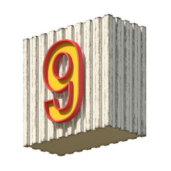 Vintage concrete red yellow Number 9 3D render illustration isolated on white background