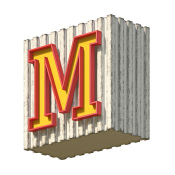 Vintage concrete red yellow font Letter M 3D render illustration isolated on white background