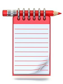 Red pencil and notepad 3D render illustration isolated on white background