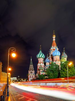 Night view on illuminated famous Saint Basil Cathedral on Red Square. Long exposure. Moscow, Russia.