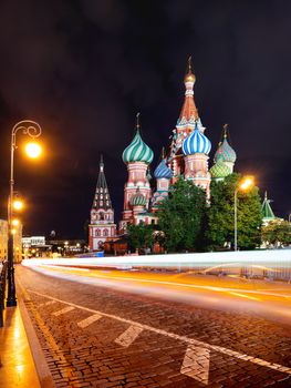 Night view on illuminated famous Saint Basil Cathedral on Red Square. Long exposure. Moscow, Russia.