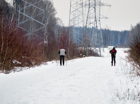 Men skiing along power lines in Losiny Ostrov National Park (Elk Moose Island) in Moscow, Russia. Winter or early spring landscape.