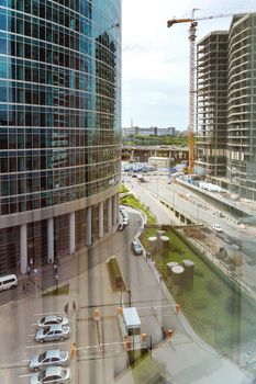 Moscow City buildings, view through window. Modern business office center on Moscow-river bank. Russia.