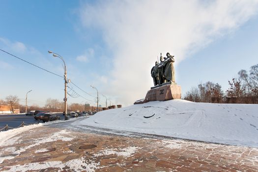 Victory Park. Monument to defenders of Russia. Panorama view in sunny winter day. Moscow, Russia.