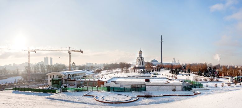 Victory Park in Moscow, dedicated to the memory of Second world war 1941-1945. Panorama view in sunny winter day. Russia.