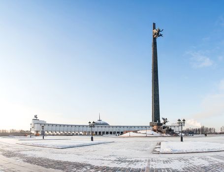War memorial in Victory Park on Poklonnaya Hill, Moscow, Russia. Museum and monument dedicated to fallen warriors of second world war. Panorama view.