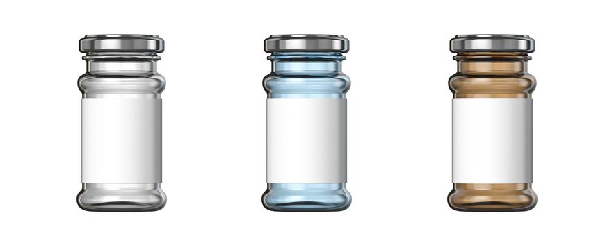 White, blue and brown big glass jars white label 3D render illustration isolated on white background