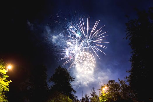 Fireworks in Odintsovo town (Moscow region). Victory day, May 9, 2016. Russia.