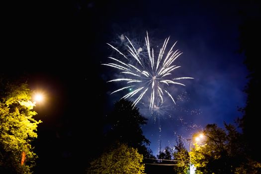 Fireworks in Odintsovo town (Moscow region). Victory day, May 9, 2016. Russia.