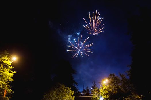 Fireworks in Odintsovo town (Moscow region). Victory day, May 9, 2016. Russia.