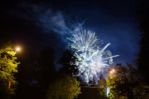 Fireworks in Odintsovo town (Moscow region). Victory day, May 9, 2016. Russia.