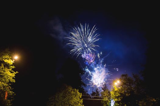 Fireworks in Odintsovo town (Moscow region). Victory day, May 9, 2016. Russia.