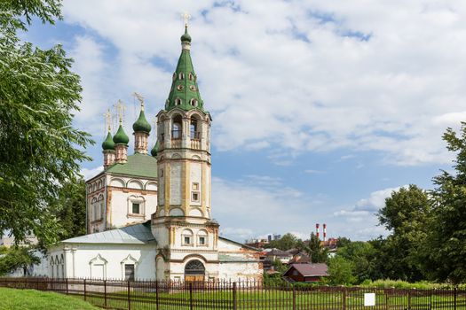 Trinity Church (text on sign), medieval orthodox church in Serpukhov, Moscow region, Russia.