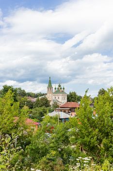 Trinity Church (text on sign), medieval orthodox church in Serpukhov, Moscow region, Russia.