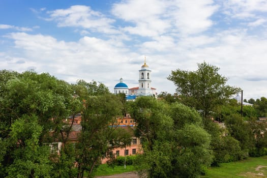 Panorama view on Serpukhov town from Red mount. Domes of St.Nicholas the White Cathedral. Moscow region, Russia.