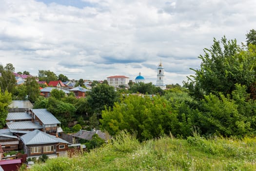 Panorama view on Serpukhov town from Red mount. Domes of St.Nicholas the White Cathedral. Moscow region, Russia.
