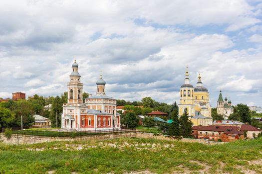 Panorama view on Assumption Church on the Hill and Church Of Elijah The Prophet, medieval orthodox churches in Serpukhov, Moscow region, Russia.