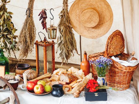 Old fashioned household items in markitant tent, historical reconstruction of 19th century. Festival Times and Epochs. Moscow, Russia.