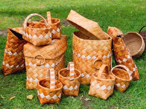 Baskets woven of birch bark. Ancient slavic storage boxes for food. Handmade eco-friendly bags.