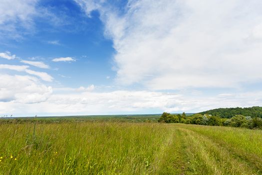 Abstract natural background. Rural path winds along the field. Cloudscape in sunny day. Russia.