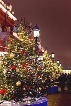 Streets in the historical center of Moscow decorated for New Year and Christmas celebration. Fir trees with bright red and yellow balls and light bulbs. Russia.