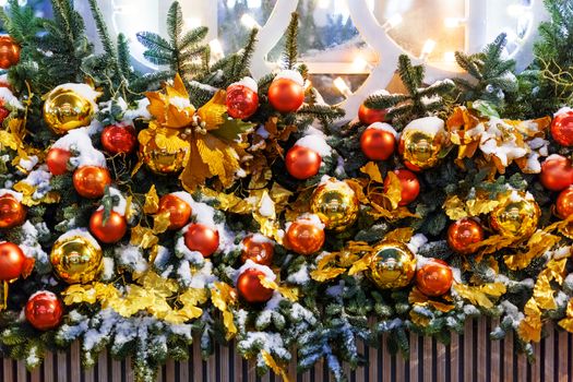 Outdoor decorations for New Year and Christmas celebration. Streets of Moscow decorated with light bulbs and colorful shiny balls. Russia.