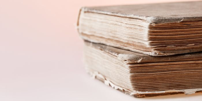 Banner with old books. Books with shabby covers and ragged pages on light pink background with copy space.