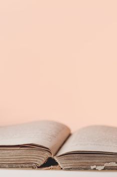 Banner with opened old book. Book with shabby covers and ragged pages on light pink background with copy space.