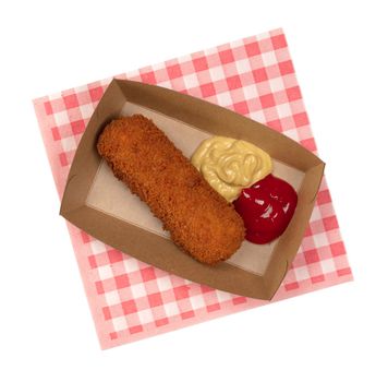 Brown crusty dutch kroket with mustard and ketchup isolated on a white background