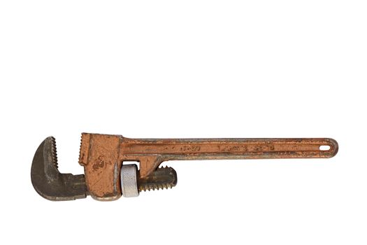 Old metal adjustable pipe wrench horizontal and isolated on white background.