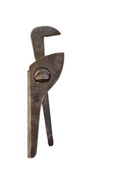 A very old, rusty pipe wrench is located vertically and is isolated on a white background.