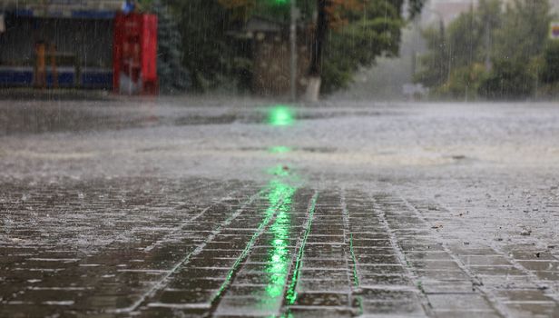 At the crossroads of the road, the green light of a traffic light is lit in the pouring rain on a city street.