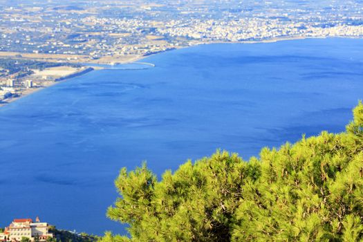 Beautiful fluffy fir branch with cones in bright sunlight against the background of a blurry sea of blue Corinthian gulf in Greece.